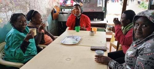 Having a cup of tea after an evening Bible study with the Deaf.